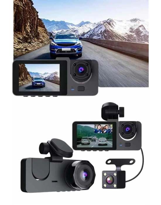 Gece Görüşlü DVR 3 Lensli Araç İçi Sürüş Kamerası Video Kaydedici