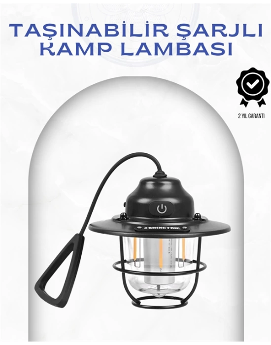 Geometrik Tasarımlı Vintage Kamp Lambası – Type-C Şarj, Ayarlanabilir Parlaklık