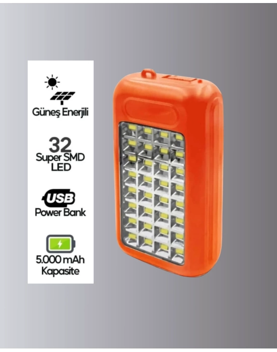 Gold Silver GS-875 Güneş Enerjili Powerbank ve 32 LED Işıldak