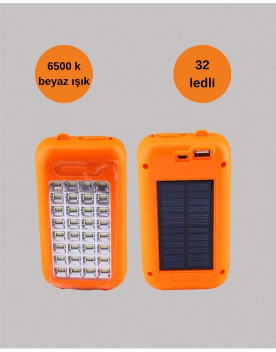 Gold Silver Güneş Enerjili Powerbank Işıldak – 10000 mAh, 32 LED, Çift USB, Su Geçirmez