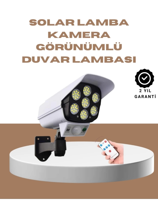 Güneş Enerjili LED Lamba + Güvenlik Kamerası Görünümlü– 5-8 m Hareket Algılamalı, Beyaz Işık