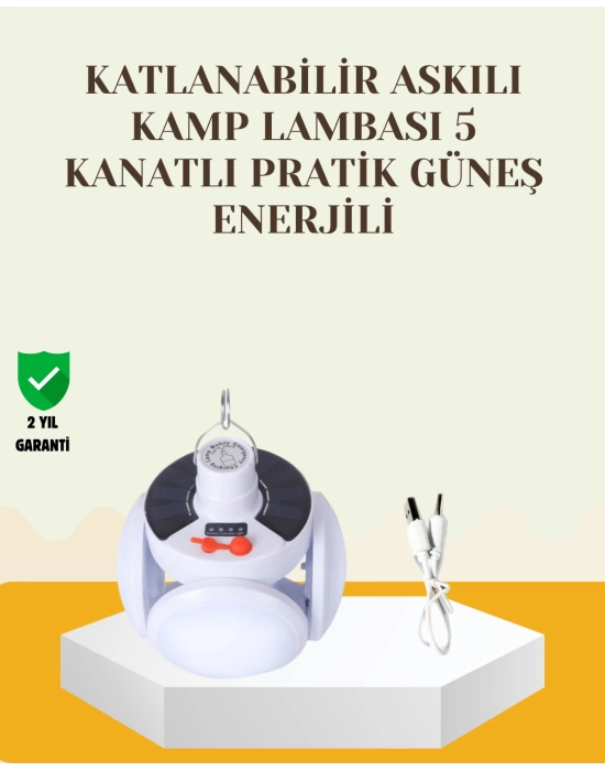 Güneş Enerjili USB Şarj Edilebilir 5 Modlu Katlanabilir LED Kamp Işığı