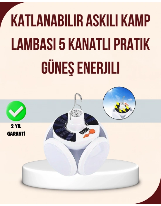 Güneş Paneliyle Şarj Olan Katlanabilir LED Çadır Lambası – 5 Kademeli Aydınlatma