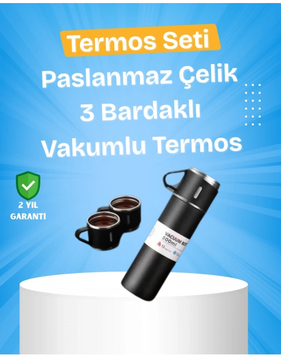 Isıyı Uzun Süre Koruyan 500 ml Termos Seti | Çelik Gövde, 2 Bardaklı, Hediye Kutulu
