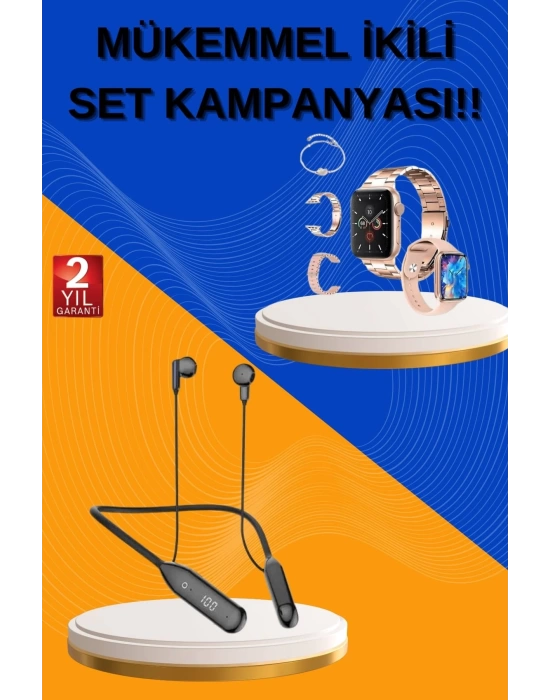 Kablolu Bluetooth Kulaklık ve Kadınlara Özel Bileklik Hediyeli Yeni Nesil Akıllı Saat 3 Kordonlu