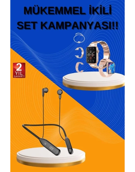 Kablolu Bluetooth Kulaklık ve Kadınlara Özel Bileklik Hediyeli Yeni Nesil Akıllı Saat 3 Kordonlu