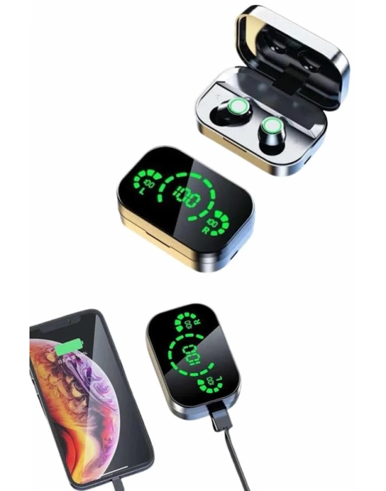 Kablosuz Bluetooth Kulaklık Çift Telefon Destekli Powerbankli Dijital Göstergeli