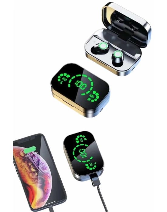 Kablosuz Bluetooth Kulaklık Çift Telefon Destekli Powerbankli Dijital Göstergeli