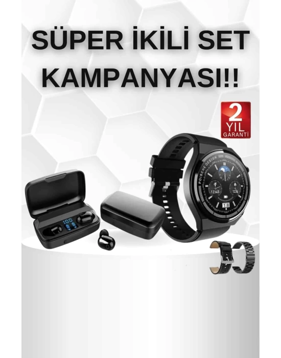 Kablosuz Bluetooth Kulaklık ve Kordon Hediyeli Akıllı Saat Nabız Ölçer Uzun Pil Ömrü