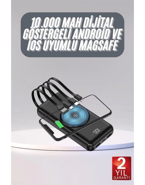 Kablosuz Çoklu Şarj Girişli 10.000 Mah Kablolu Powerbank Taşınabilir
