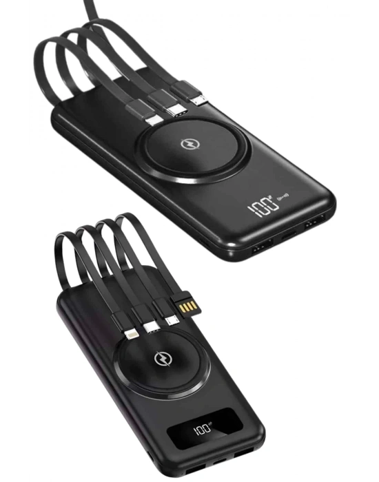 Kablosuz Çoklu Şarj Girişli 10.000 Mah Kablolu Powerbank Taşınabilir
