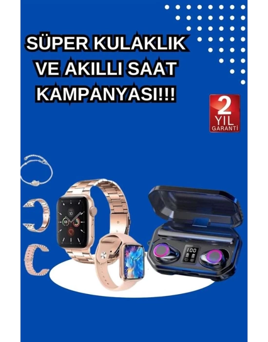 Kadınlar İçin 3 Kordonlu Akıllı Saat ve Dijital Göstergeli Powerbankli Bluetooth Kulaklık Dokunmatik Kontrol