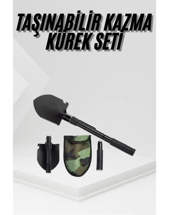 Katlanır Portatif Kazma Kürek Seti Portatif Çelik Taşıma Çantalı Pusulalı
