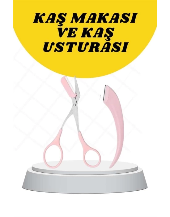 Kavisli Kaş Düzeltici Seti Kaş Makası ve Kaş Usturası Paslanmaz Çelik Bıçaklı