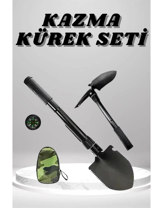 Kazma Kürek Seti Pusulalı Katlanır Portatif Kazma Kürek Seti Çok Fonksiyonlu Katlanabilir