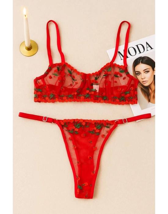 Kırmızı Kalp Desenli Transparan Tül Bralet Tanga Takım
