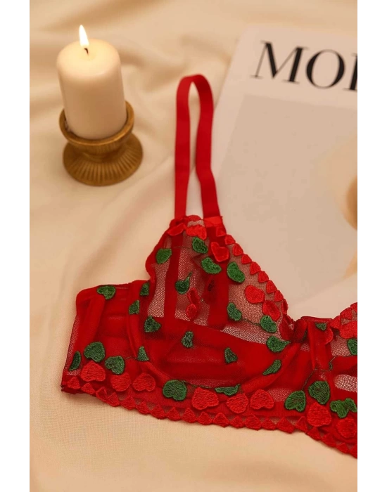 Kırmızı Kalp Desenli Transparan Tül Bralet Tanga Takım