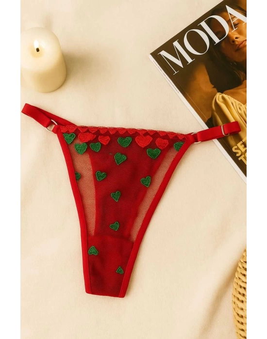 Kırmızı Kalp Desenli Transparan Tül Bralet Tanga Takım