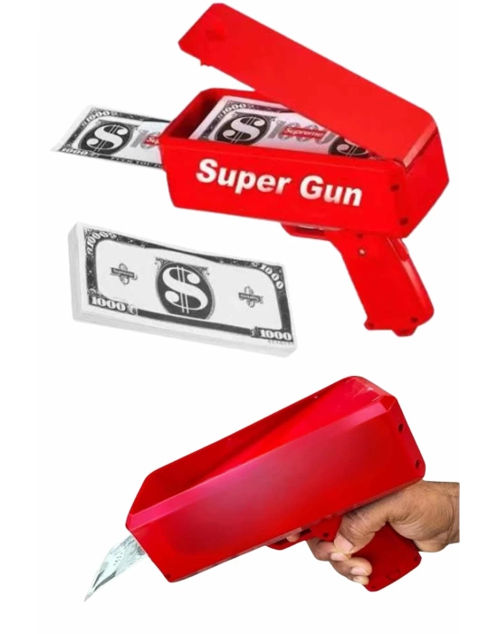 Kırmızı Parti Oyuncağı Para Saçma Fırlatma Tabancası Makinesi Super Money