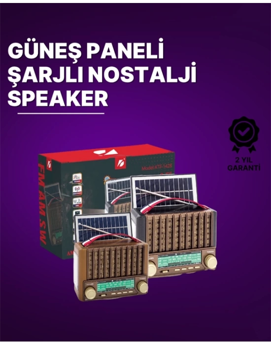 KTF-1428 Güneş Paneli Şarjlı Nostaljik Bluetooth Hoparlör – FM/AM/SW Radyo, USB/SD Desteği, Taşınabilir Tasarım