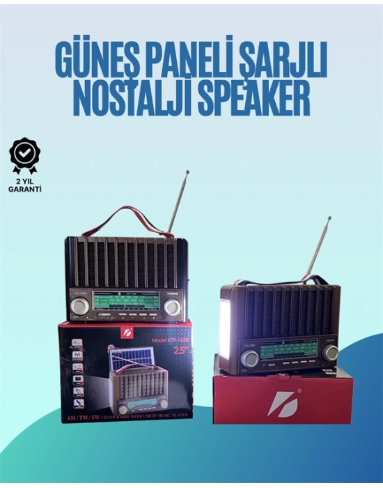 KTF-1428 Nostaljik Solar Enerjili Bluetooth Speaker – Radyo, SD/USB MP3 Çalar, Güçlü Taşınabilir Hoparlör