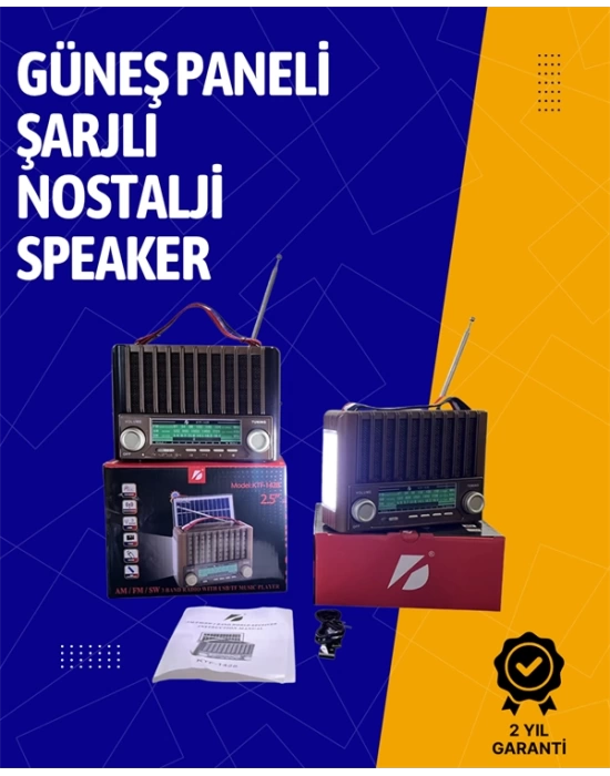KTF-1428 Solar Enerjiyle Şarj Olabilen Bluetooth Nostalji Hoparlör – Taşınabilir, Güçlü Ses, MP3 Okuyucu