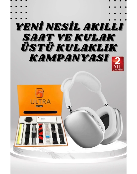 Kulak Üstü P9 Kablosuz Bluetooth Kulaklık ve 7 Kordonlu Akıllı Saat