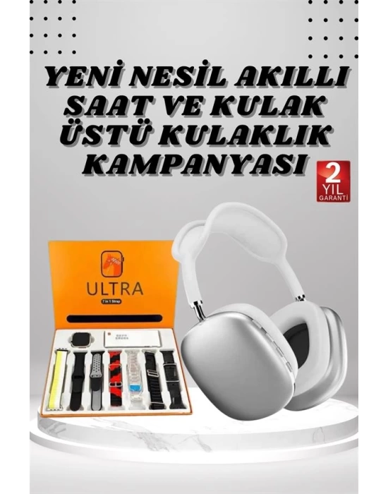 Kulak Üstü P9 Kablosuz Bluetooth Kulaklık ve 7 Kordonlu Akıllı Saat