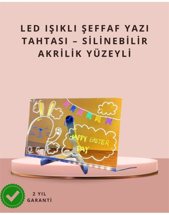 LED Işıklı Şeffaf Yazı Tahtası – Neon Etkili Akrilik Pano, Silinebilir, 7 Renkli Kalemli, 30x20 cm