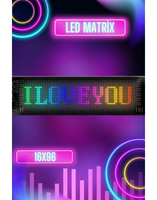 Led Matrix Bluetooth Bağlantılı Araç Camına Uygun Pixsel Görünümlü 16X96