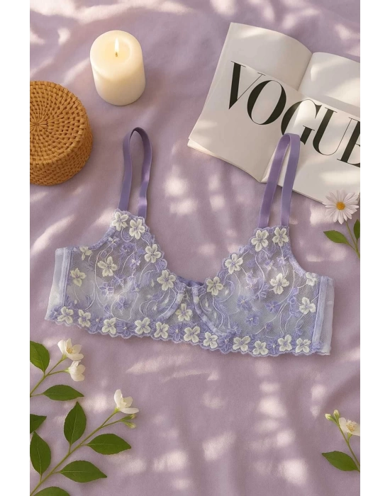 Lila Çiçek İşlemeli Transparan Dantel Sütyen & String Takım