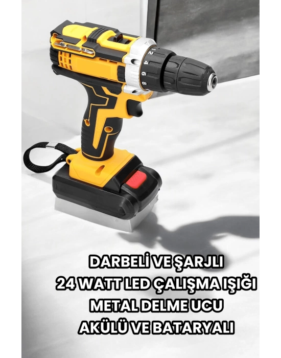 Metal Dişli 24W Akülü Matkap -Çift Bataryalı ve LED Çalışma Işığı ile Tam Set