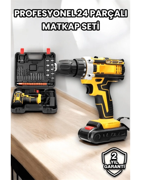 Metal Dişli 24W Akülü Matkap -Çift Bataryalı ve LED Çalışma Işığı ile Tam Set