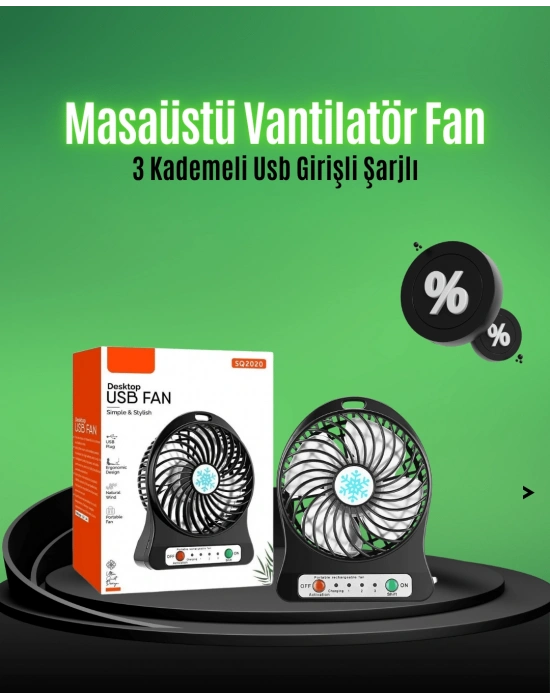 Mini USB Fan – Şarj Edilebilir, Işıklı, 3 Kademe, Taşınabilir Masaüstü Vantilatör