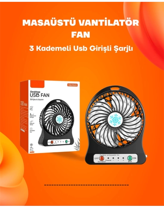 Mini Vantilatör Masaüstü – USB Girişli, Şarjlı, 3 Kademe, Sessiz Motor, Işıklı