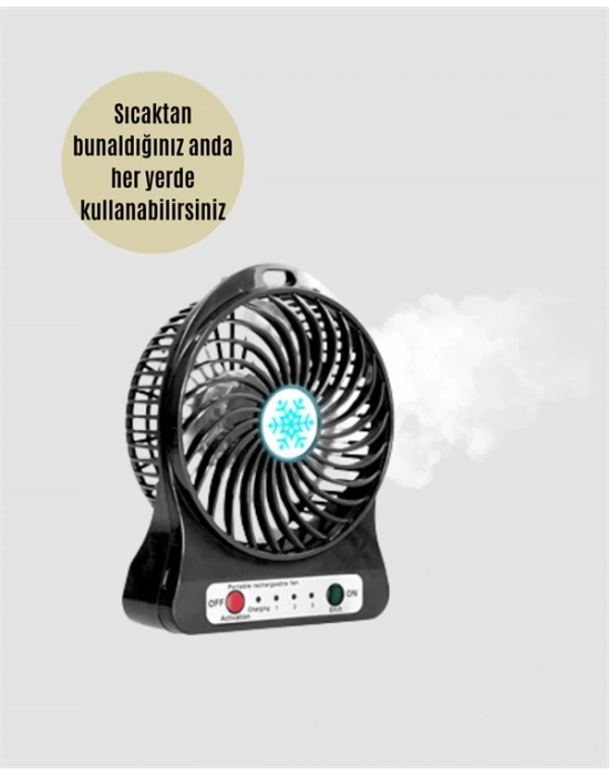 Mini Vantilatör Masaüstü – USB Girişli, Şarjlı, 3 Kademe, Sessiz Motor, Işıklı