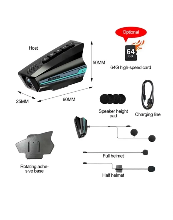 Motosiklet Kask İçi Akıllı Kamera – 2000 mAh, 128 GB SD Kart Desteği