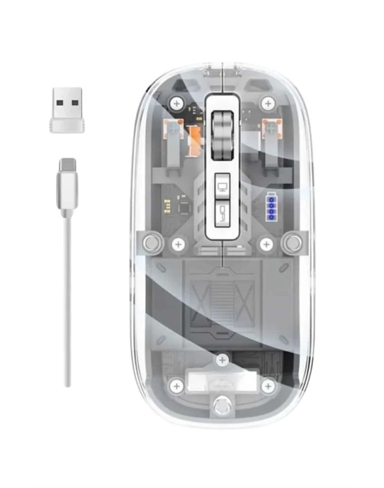 Mouse Fare Kablosuz Mouse Fare Şarjlı Bluetooth Sessiz 5 Tuşlu Şeffaf