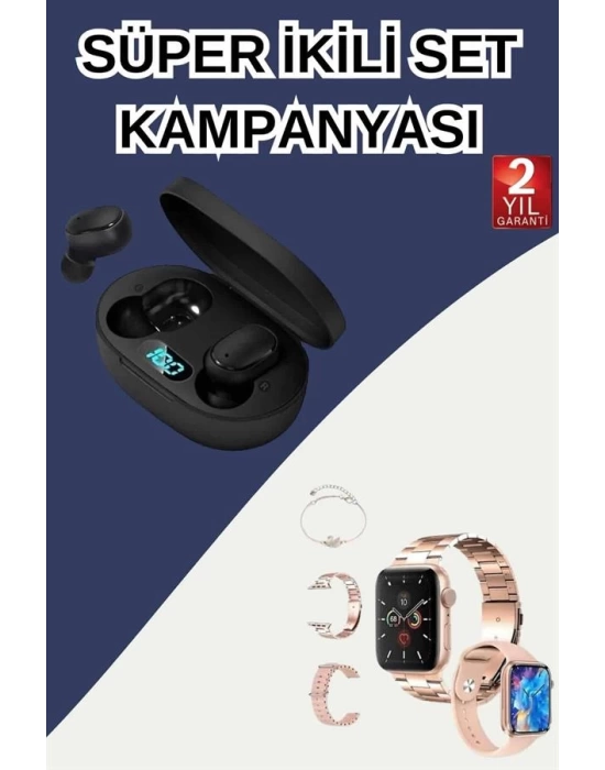 Nabız Ölçer Hediye Bileklikli Akıllı Saat ve Dijital Göstergeli Bluetooth Kulaklık Çoklu Şarj Girişi