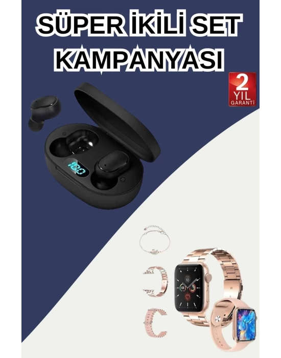 Nabız Ölçer Hediye Bileklikli Akıllı Saat ve Dijital Göstergeli Bluetooth Kulaklık Çoklu Şarj Girişi