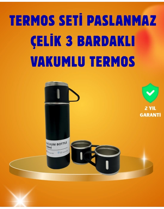 Paslanmaz Termos ve İkili Bardak Seti | 6-12 Saat Sıcak/Soğuk Tutma