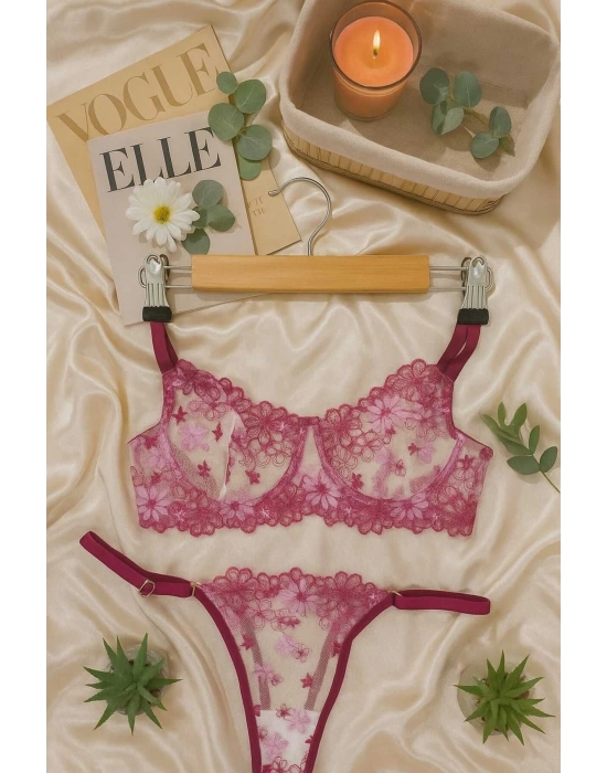Pembe Çiçek İşlemeli Transparan Dantel Bralet & Tanga Takım