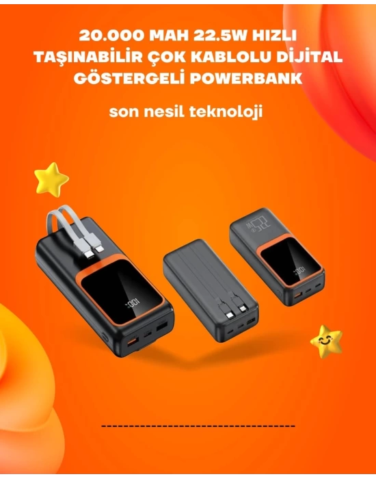 Powerbank 20000 mAh | 22.5W Hızlı Şarj, Dahili Kablolu, LCD Ekranlı Şarj Cihazı