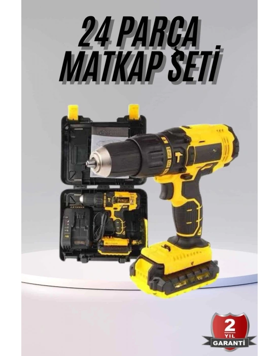 Profesyonel Çift Bataryalı Akülü Vidalama Şarjlı Matkap 24 Parça