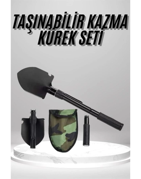 Pusulalı Katlanabilen Portatif Çantalı Mini Kazma Kürek Seti