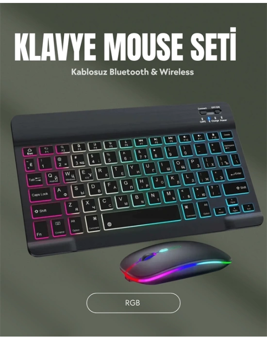 RGB Aydınlatmalı Şarjlı Kablosuz Klavye ve Mouse Seti – Modern ve Kompakt Tasarım