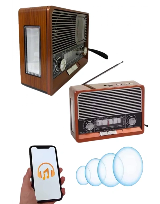 Saatli Fenerli Bluetooth Nostaljik Radyo AUX SD USB Girişli Bluetooth Hoparlör