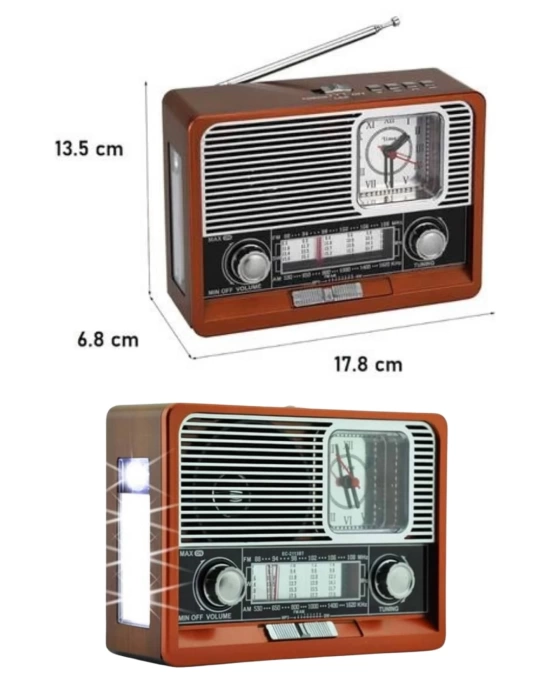 Saatli Fenerli Bluetooth Nostaljik Radyo AUX SD USB Girişli Bluetooth Hoparlör