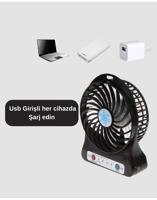 Şarjlı USB Fan – Masaüstü Mini Vantilatör, Taşınabilir, Işıklı, 3 Kademeli, Sessiz
