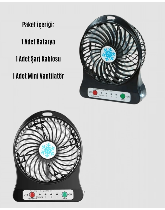 Şarjlı USB Fan – Masaüstü Mini Vantilatör, Taşınabilir, Işıklı, 3 Kademeli, Sessiz